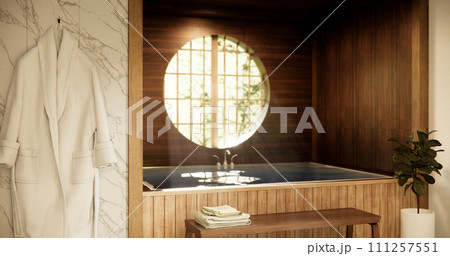 Wooden Japan bathroom modern Onsen minimal style. 111257551