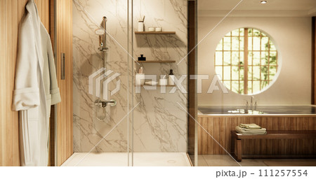 Wooden Japan bathroom modern Onsen minimal style. 111257554