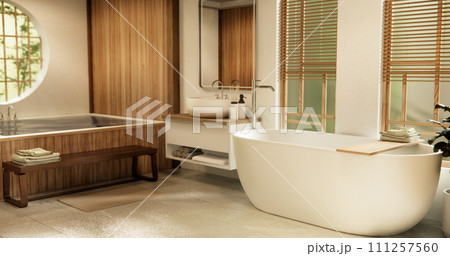 Wooden Japan bathroom modern Onsen minimal style. Wooden Japan bathroom modern Onsen minimal style. 111257560