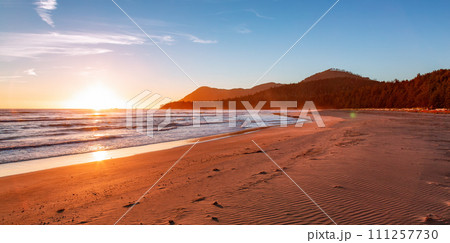 Sandy Beach on Pacific Ocean West Coast during Sunny Sunset. Vancouver Island Sandy Beach on Pacific Ocean West Coast during Sunny Sunset. Vancouver Island 111257730