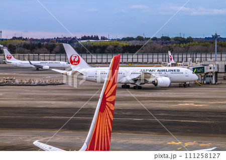 日本の千葉都市景観　成田空港第2からエア・インディアの旅客機B787-8やJALB787…など望む 111258127