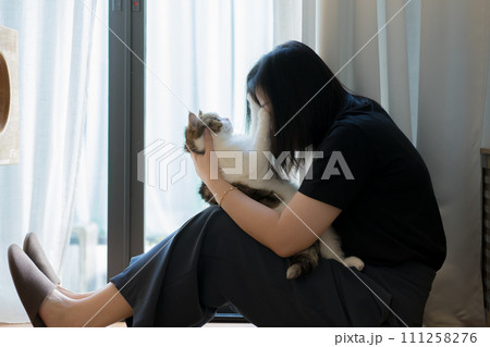 wellness and wellbeing concept with asian woman sit and play with her cat in livingroom wellness and wellbeing concept with asian woman sit and play with her cat in livingroom 111258276