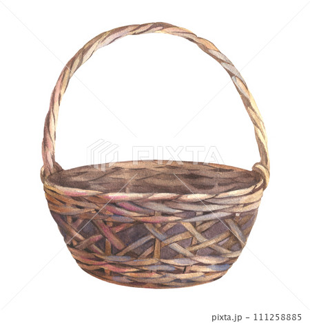 Wicker round Basket for Easter decor, picnic or home decor. Hand drawn watercolor illustration of empty traditional container on isolated background. Drawing of Vintage Rustic hamper 111258885