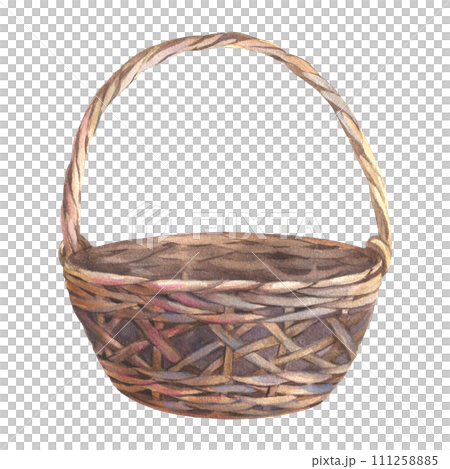 Wicker round Basket for Easter decor, picnic or home decor. Hand drawn watercolor illustration of empty traditional container on isolated background. Drawing of Vintage Rustic hamper 111258885