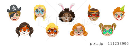Kids With Painted Faces at Party or Festive Carnival Vector Set 111258996