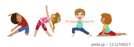 Children Doing Yoga Physical Exercises in Different Asana Vector Set Children Doing Yoga Physical Exercises in Different Asana Vector Set 111259027