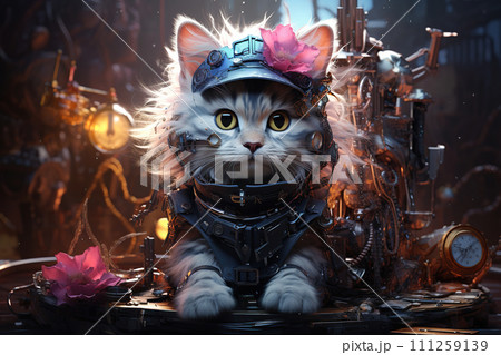Fantasy portrait of a cat in a steampunk costume. 3D rendering. Generative AI 111259139