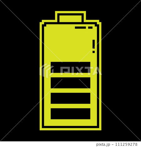 Pixel silhouette icon. Dropping battery power. Energy storage in energy efficient recyclable battery. Simple black and yellow vector 111259278