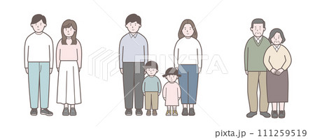 若い夫婦、若いカップルと子供を持つ夫婦と年配夫婦の全身イラスト 111259519
