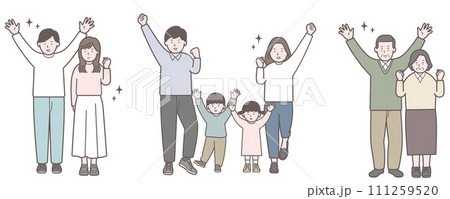 喜ぶ、若い夫婦、若いカップルと子供を持つ夫婦と年配夫婦の全身イラスト 111259520