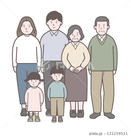 子供を持つ夫婦と年配夫婦の三世代全身イラスト 111259521