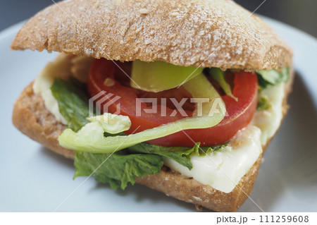 hamburger covered with melted cheese 111259608