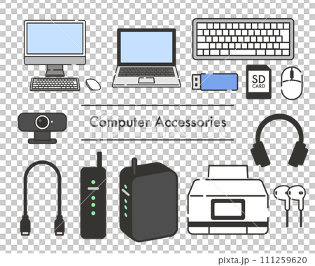 Illustration set of computer peripherals Illustration set of computer peripherals 111259620