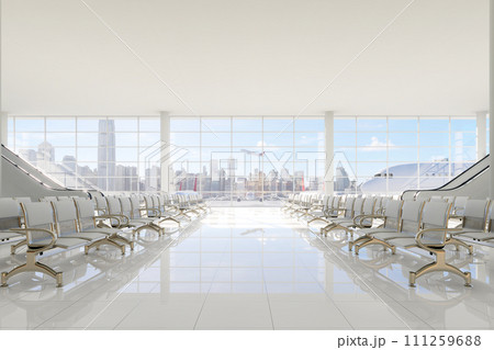 Modern style empty airport terminal lounge with city view background 3d render 111259688