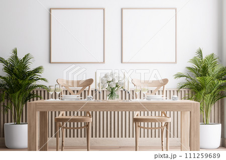 Minimal style empty picture frame made of wood hang on the wall in the dining room 3d render 111259689