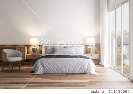 Modern contemporary cozy bedroom with nature view 3d render 111259690