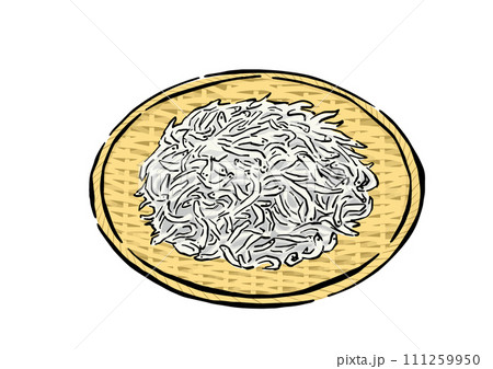 しらすのイラスト、シンプルな素材、ざるに盛り付けられた釜揚げシラス 111259950