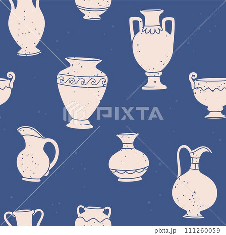 Seamless pattern antique vases. Background with ceramic pot, pottery vase, various jug. Wallpaper with abstract silhouettes amphora shape. Vector texture 111260059