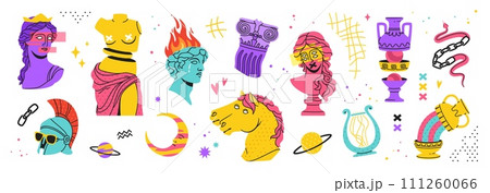 Psychedelic antique stickers. Ancient greek culture sticker pack in modern art style. Acid trendy Greece sculpture, trippy surreal elements, weird statue vector set Psychedelic antique stickers. Ancient greek culture sticker pack in modern art style. Acid trendy Greece sculpture, trippy surreal elements, weird statue vector set 111260066
