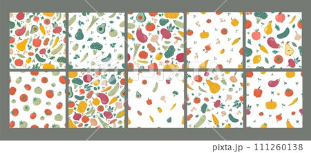 Vegetables pattern. Seamless background with hand drawn different vegetable and greens. Organic natural food. Abstract print tomato, pumpkin, pepper, onion. Vector set Vegetables pattern. Seamless background with hand drawn different vegetable and greens. Organic natural food. Abstract print tomato, pumpkin, pepper, onion. Vector set 111260138