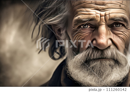 AI-generated content. A detailed view of an aging male with a full, gray beard captured up close. 111260142