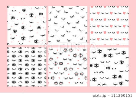 Eyelashes seamless pattern. Print with abstract lashes, open and close eyes. Background with girl makeup lash. Hand drawn fashion pink heart and cilia. Vector set Eyelashes seamless pattern. Print with abstract lashes, open and close eyes. Background with girl makeup lash. Hand drawn fashion pink heart and cilia. Vector set 111260153