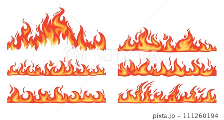 Cartoon fire borders. Flame frame, blazing dividers, hot flaming banners. Wildfire campfire and ignite elements, fire trail and flammable border isolated vector set 111260194