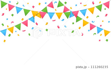 Celebration buntings flag. Decorative pennants hanging for birthdays, weddings or festive occasion. Banner with garlands and confetti. Vector illustration 111260235
