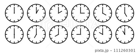 Clocks hands icon. Time sign for every hour. Stopwatch, clock faces set. Evening, morning and noon time. Simple hour icons. Vector illustration isolated on white background Clocks hands icon. Time sign for every hour. Stopwatch, clock faces set. Evening, morning and noon time. Simple hour icons. Vector illustration isolated on white background 111260301