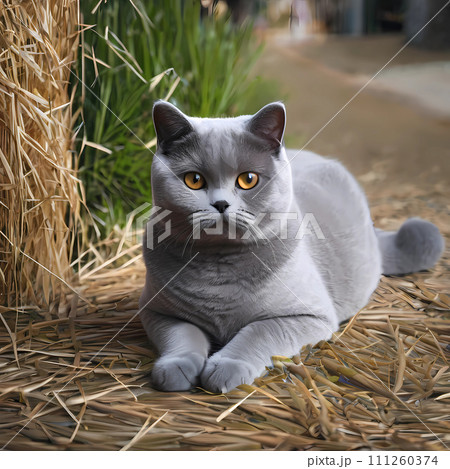 British Shorthair cat standing in the grass.  111260374