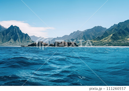 Beautiful seascape with mountains and a blue sea. Nature composition. Generative AI 111260557