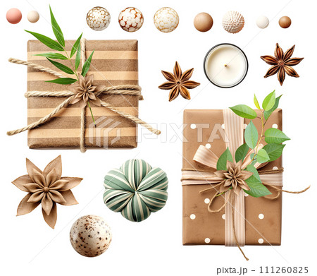 Set of eco-friendly objects. Craft paper wrapped gift with green leaf, stone and wooden beads, candle. Ecology, environmental conservation and zero waste collection. Isolated on white background Set of eco-friendly objects. Craft paper wrapped gift with green leaf, stone and wooden beads, candle. Ecology, environmental conservation and zero waste collection. Isolated on white background 111260825