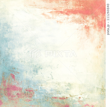Bright colorful watercolor strips on retro paper texture. Colorful ink splashes of red and blue color. Splatter stain on paper background. Square backdrop with smeared paint 111260840