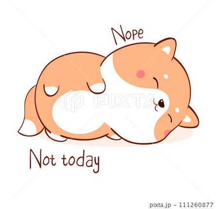 Square card with a lying lazy dog and inscription Nope Not today. Funny sleeping fat shiba inu puppy in kawaii style. Vector illustration EPS8 Square card with a lying lazy dog and inscription Nope Not today. Funny sleeping fat shiba inu puppy in kawaii style. Vector illustration EPS8 111260877