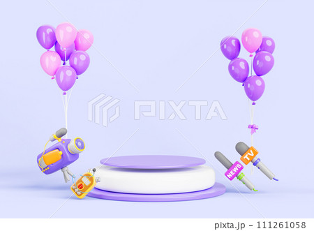 3d podium with tv news microphone, video camera, voice recorder and balloons on blue background. Empty stage for award ceremony, public speech media event, press conference, interview. 3D illustration 3d podium with tv news microphone, video camera, voice recorder and balloons on blue background. Empty stage for award ceremony, public speech media event, press conference, interview. 3D illustration 111261058