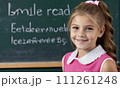 AI-generated content. little girl portrait smile, face little schoolgirl, little student educational institution, 7 years old, child kid girl sitting desk smile, team work, friends classmates, work 111261248