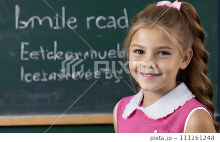 AI-generated content. little girl portrait smile, face little schoolgirl, little student educational institution, 7 years old, child kid girl sitting desk smile, team work, friends classmates, work 111261248