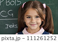 AI-generated content. little girl portrait smile, face little schoolgirl, little student educational institution, 7 years old, child kid girl sitting desk smile, team work, friends classmates, work 111261252