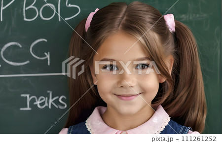 AI-generated content. little girl portrait smile, face little schoolgirl, little student educational institution, 7 years old, child kid girl sitting desk smile, team work, friends classmates, work 111261252