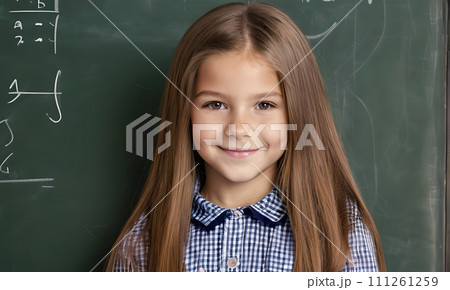 AI-generated content. little girl portrait smile, face little schoolgirl, little student educational institution, 7 years old, child kid girl sitting desk smile, team work, friends classmates, work 111261259