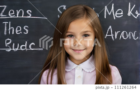 AI-generated content. little girl portrait smile, face little schoolgirl, little student educational institution, 7 years old, child kid girl sitting desk smile, team work, friends classmates, work 111261264