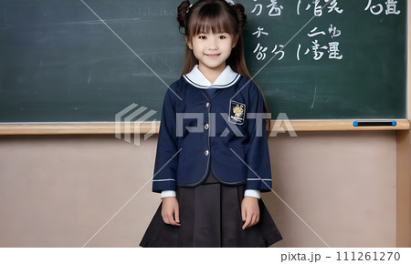 AI-generated content. little girl portrait smile, face little schoolgirl, little student educational institution, 7 years old, child kid girl sitting desk smile, team work, friends classmates, work 111261270