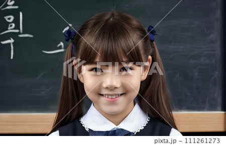 AI-generated content. little girl portrait smile, face little schoolgirl, little student educational institution, 7 years old, child kid girl sitting desk smile, team work, friends classmates, work 111261273