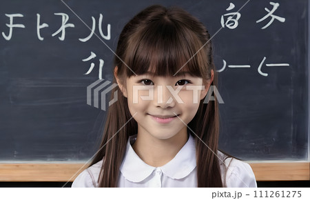 AI-generated content. little girl portrait smile, face little schoolgirl, little student educational institution, 7 years old, child kid girl sitting desk smile, team work, friends classmates, work 111261275