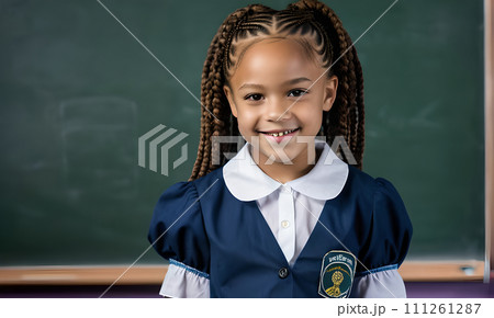 AI-generated content. little girl portrait smile, face little schoolgirl, little student educational institution, 7 years old, child kid girl sitting desk smile, team work, friends classmates, work 111261287