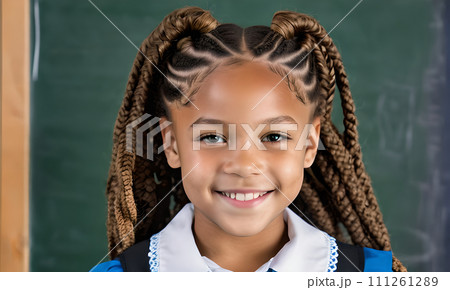 AI-generated content. little girl portrait smile, face little schoolgirl, little student educational institution, 7 years old, child kid girl sitting desk smile, team work, friends classmates, work 111261289