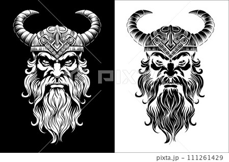 Viking Warrior Man Strong Mascot Face in Helmet Viking Warrior Man Strong Mascot Face in Helmet 111261429