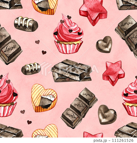 Sweet desserts watercolor seamless pattern on pink background. Heart shaped candy, cookies and chocolate Sweet desserts watercolor seamless pattern on pink background. Heart shaped candy, cookies and chocolate 111261526