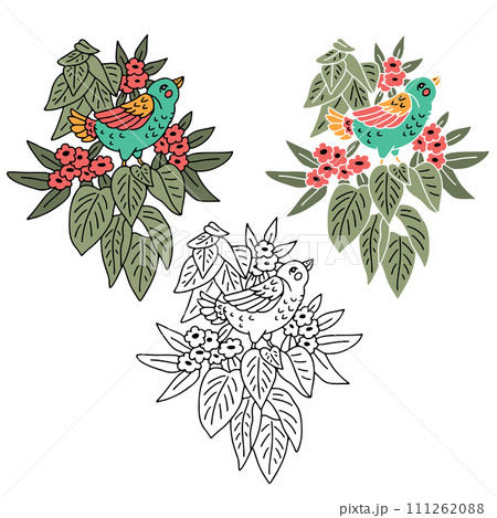 Hand drawn cute bird sitting on a branch with leaves and flowers 111262088
