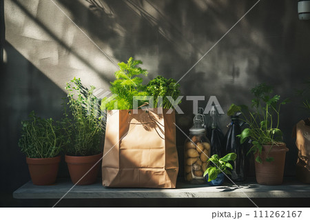 Craft brown shopping paper bag on blue background with soft Sfumato lightening. Craft brown shopping paper bag on blue background with soft Sfumato lightening. 111262167